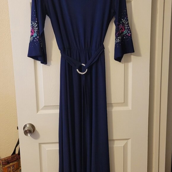 Anthony Original Navy Maxi Dress with Beautiful Sleeve Embroidery Size M - Picture 1 of 10